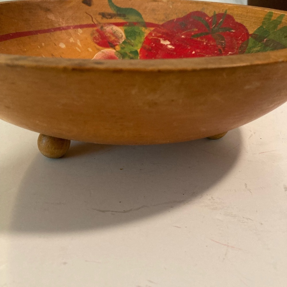 Primitive Wood Dough Bowl Footed Hand Painted  1940's Red Radishes on Inside